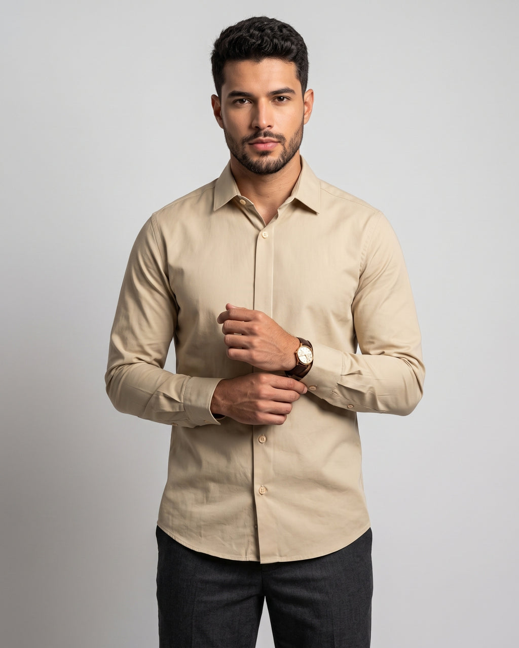 The Bleu Label Cotton Full Sleeve Solid Shirt - BEIGE
