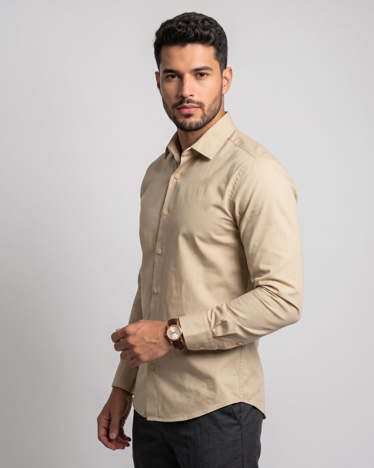 The Bleu Label Cotton Full Sleeve Solid Shirt - BEIGE