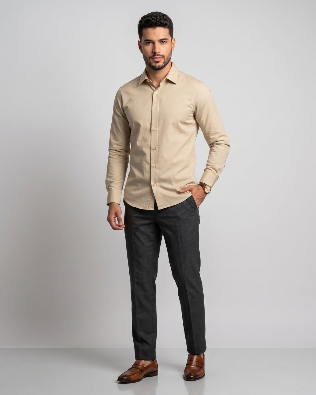 The Bleu Label Cotton Full Sleeve Solid Shirt - BEIGE