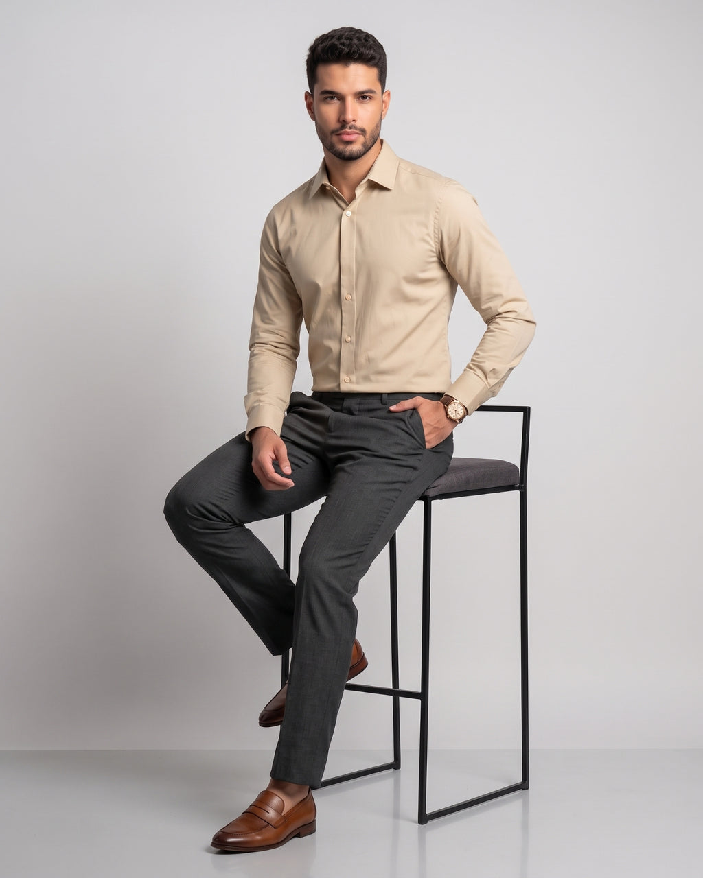 The Bleu Label Cotton Full Sleeve Solid Shirt - BEIGE