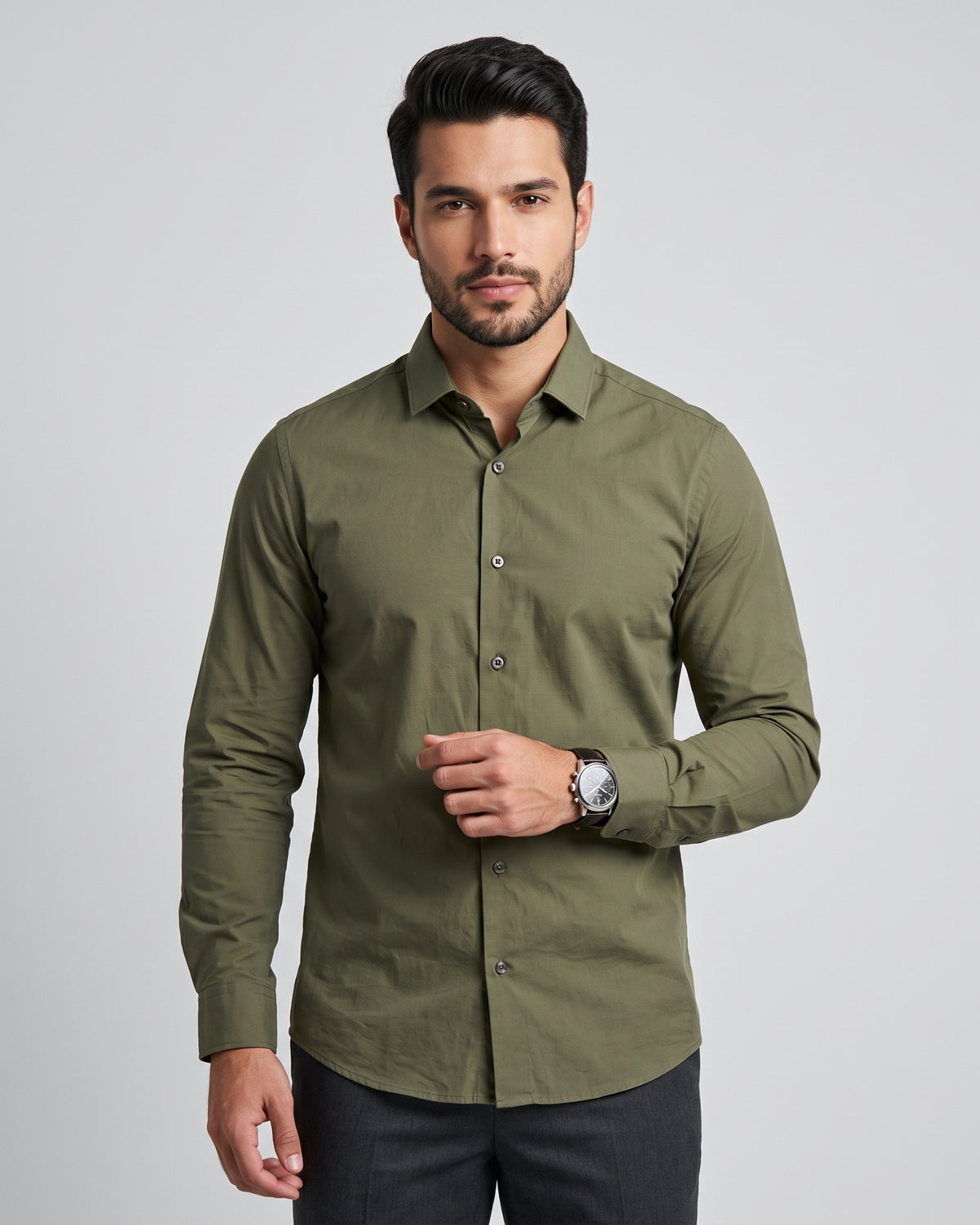 The Bleu Label Cotton Full Sleeve Solid Shirt - OLIVE