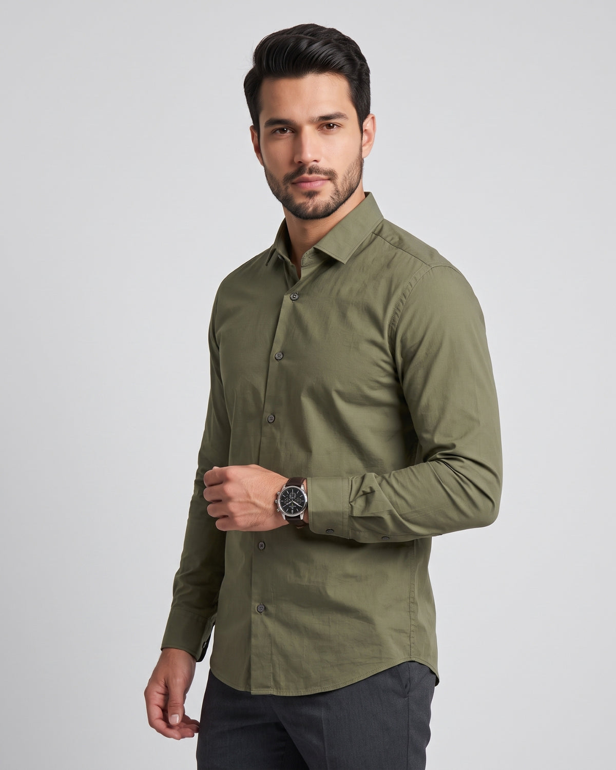 The Bleu Label Cotton Full Sleeve Solid Shirt - OLIVE