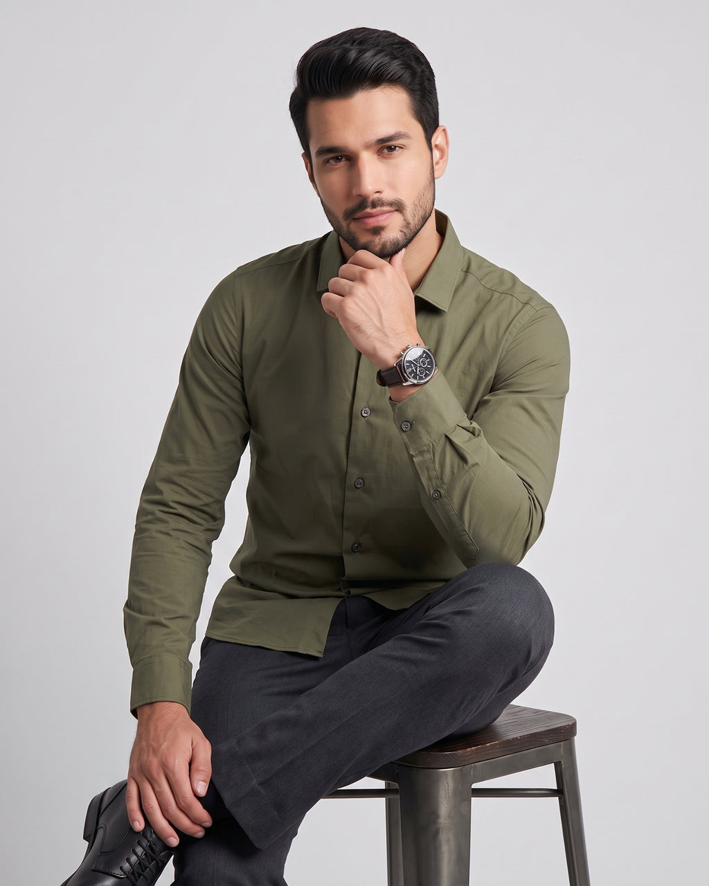 The Bleu Label Cotton Full Sleeve Solid Shirt - OLIVE