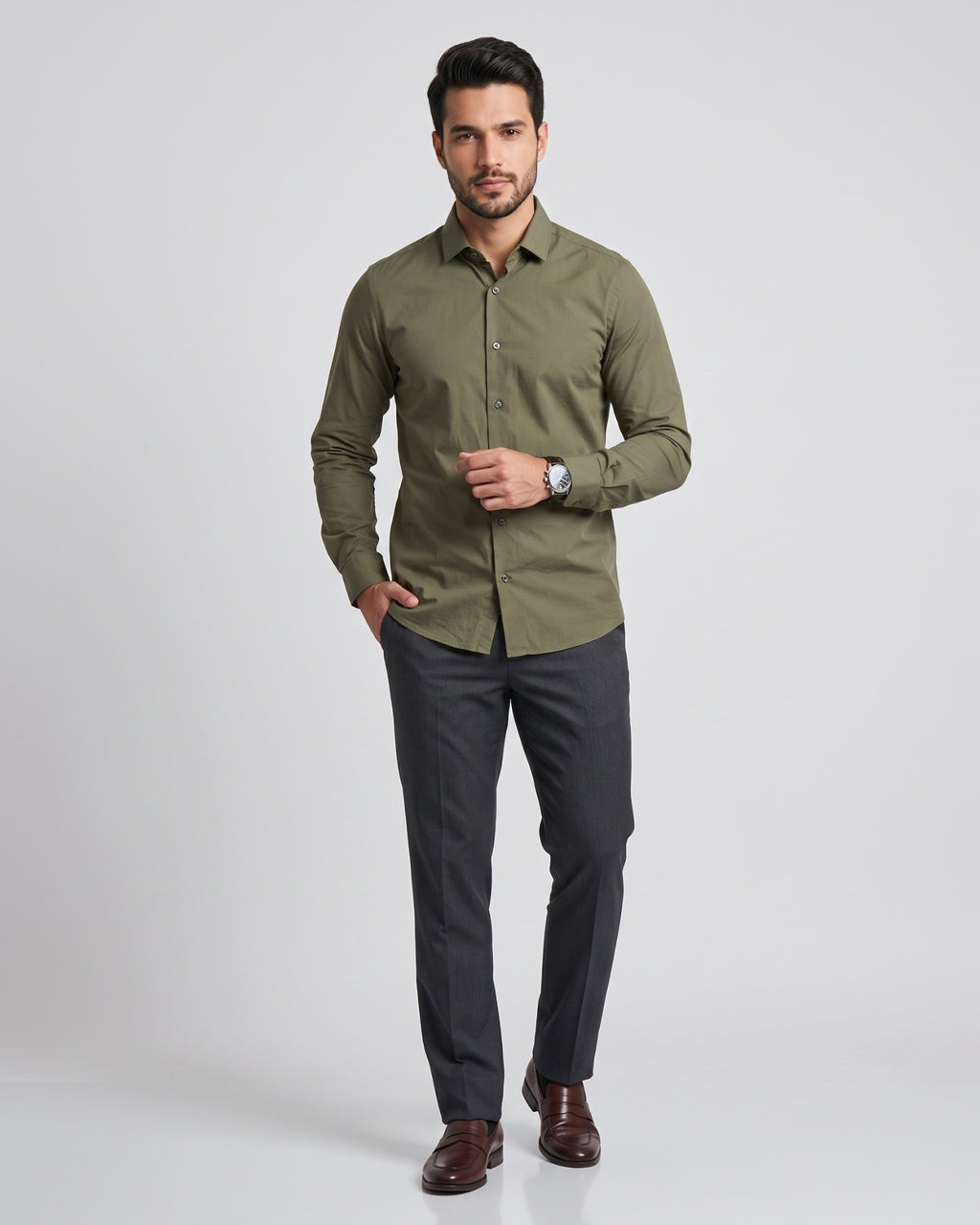 The Bleu Label Cotton Full Sleeve Solid Shirt - OLIVE