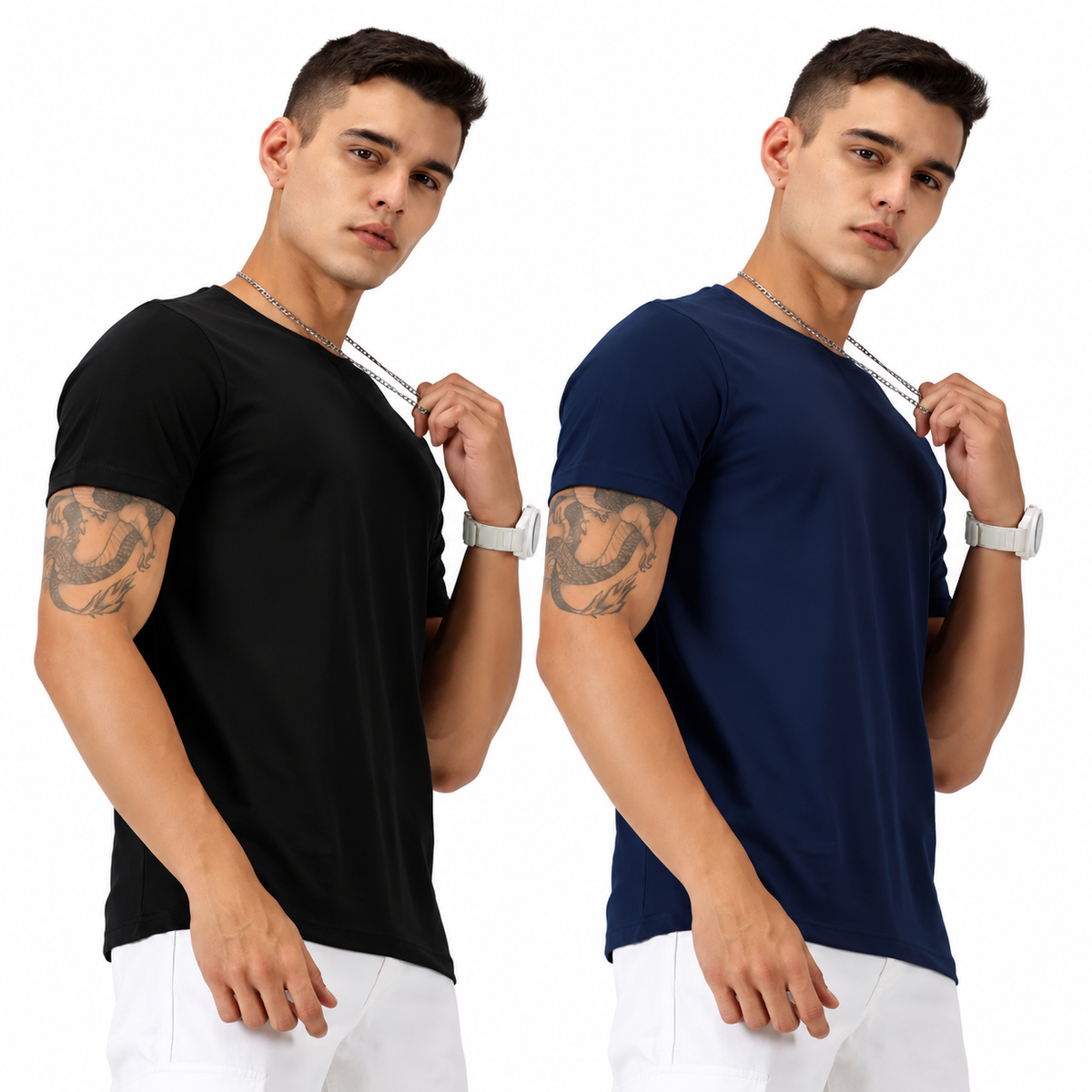 Men's Pack of 2 Round Neck Cotton T-Shirts, Black & Navy