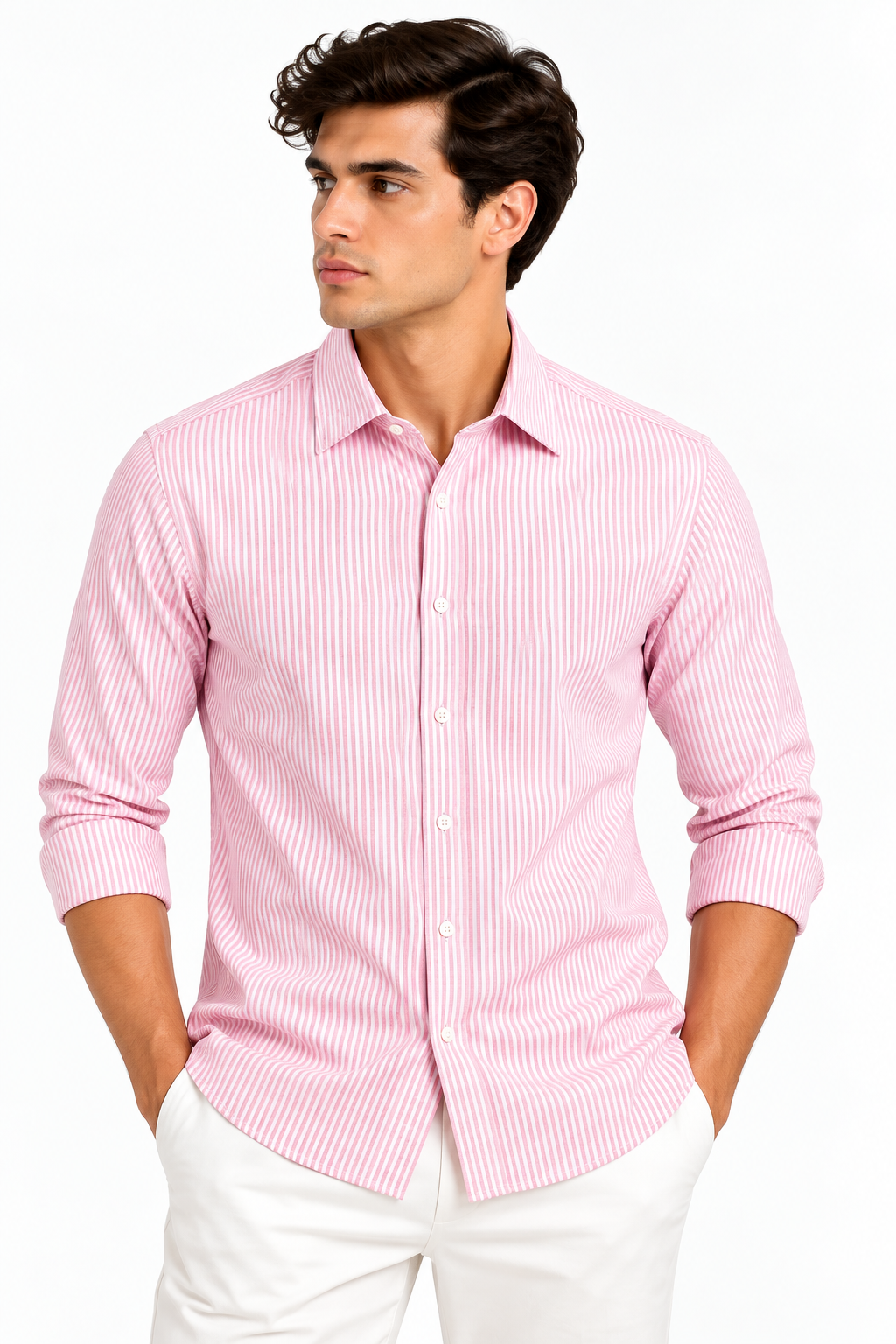 Full Sleeve Stripped Lenin Shirt - Pink