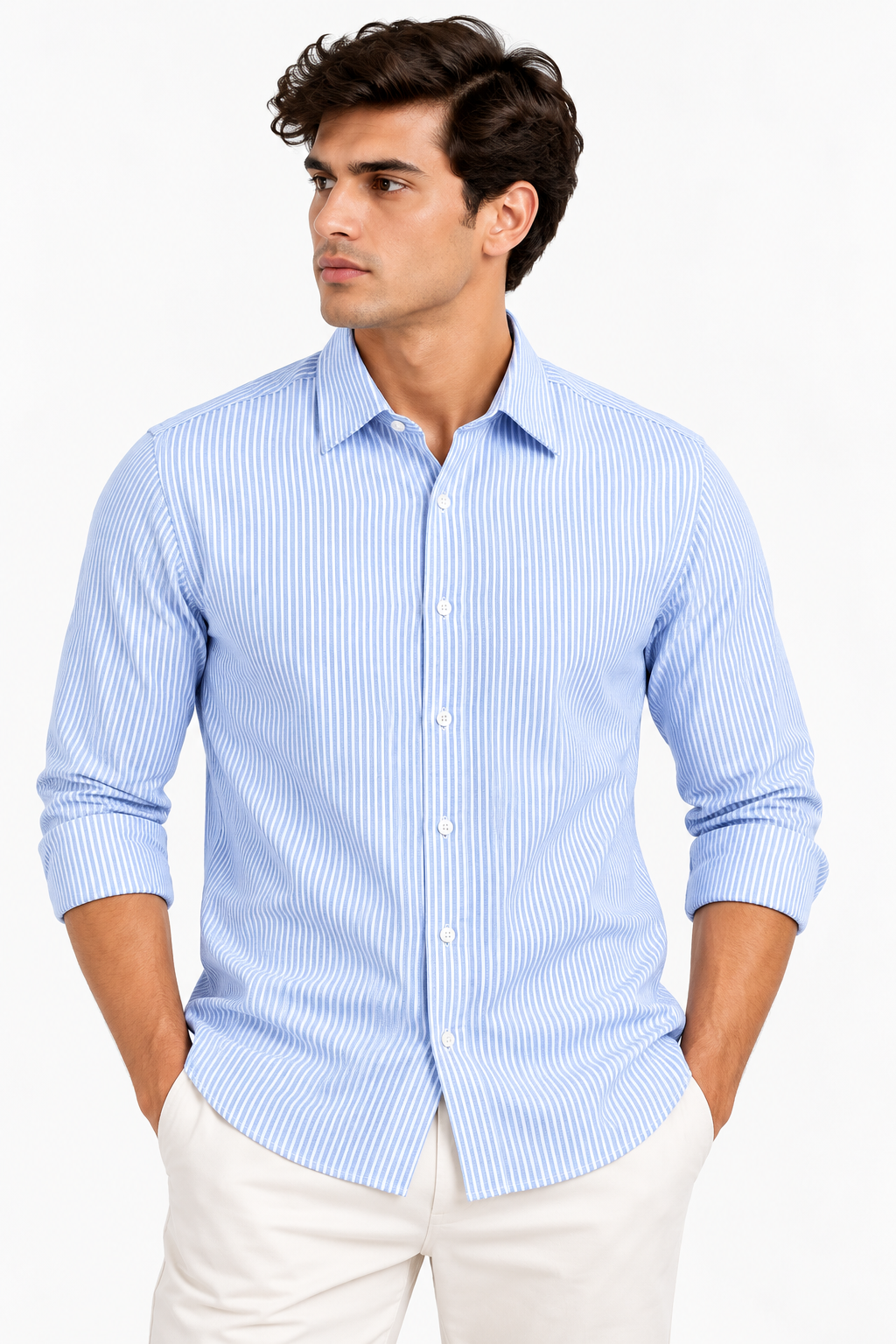 Full Sleeve Stripped Lenin Shirt - Sky Blue