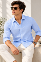 Full Sleeve Stripped Lenin Shirt - Sky Blue