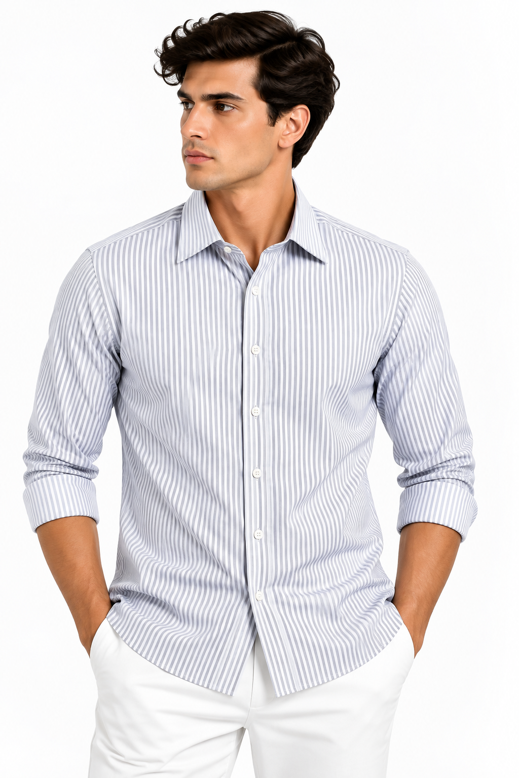 Full Sleeve Stripped Lenin Shirt - Navy