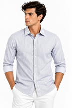 Full Sleeve Stripped Lenin Shirt - Navy