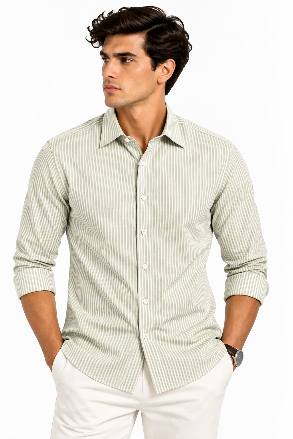 Full Sleeve Stripped Lenin Shirt - Green