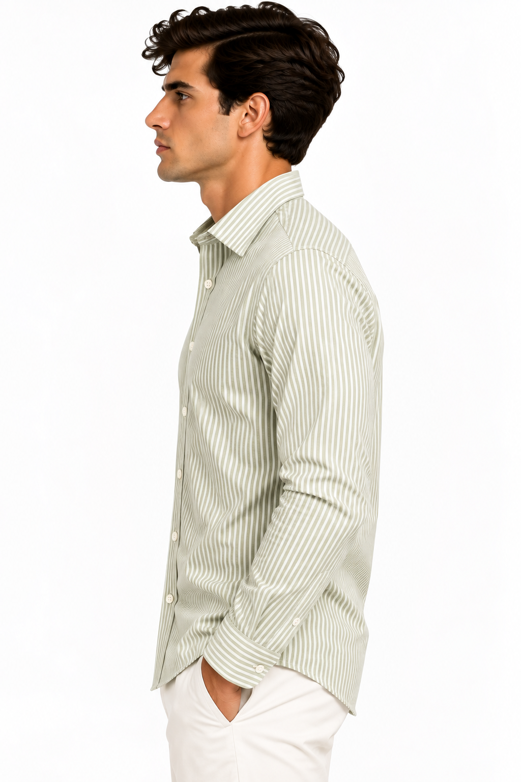 Full Sleeve Stripped Lenin Shirt - Green