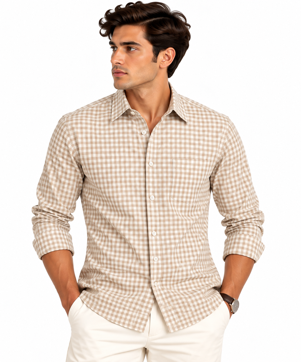 Full Sleeve Gingham Checkered Shirt - Beige