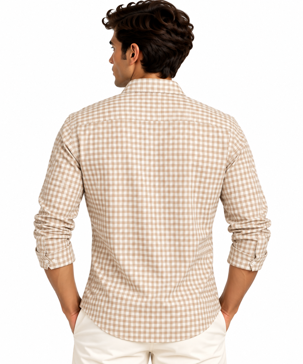 Full Sleeve Gingham Checkered Shirt - Beige