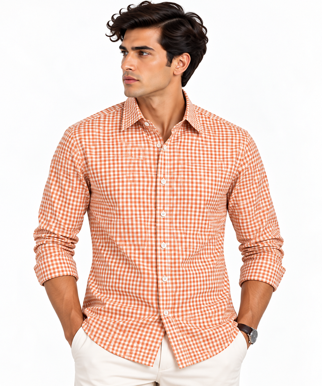 Full Sleeve Gingham Checkered Shirt - Orange