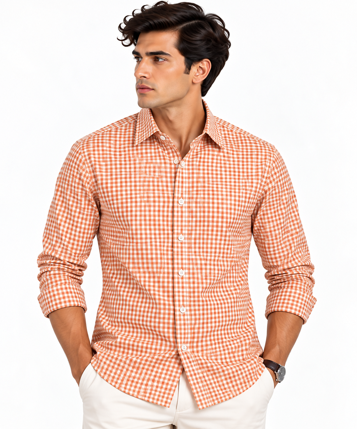Full Sleeve Gingham Checkered Shirt - Orange