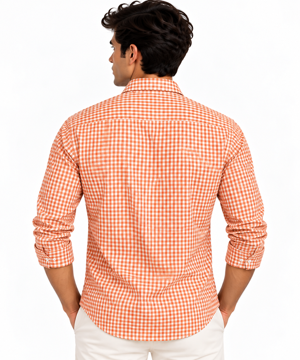 Full Sleeve Gingham Checkered Shirt - Orange
