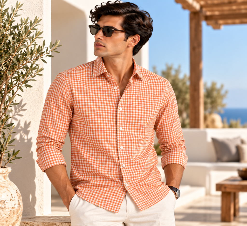 Full Sleeve Gingham Checkered Shirt - Orange