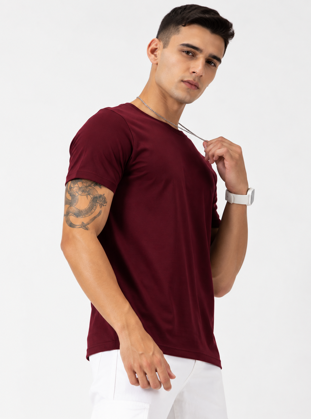 Men's Pack of 3 Rount Neck Cotton T-shirt - White, Burgundy & Green