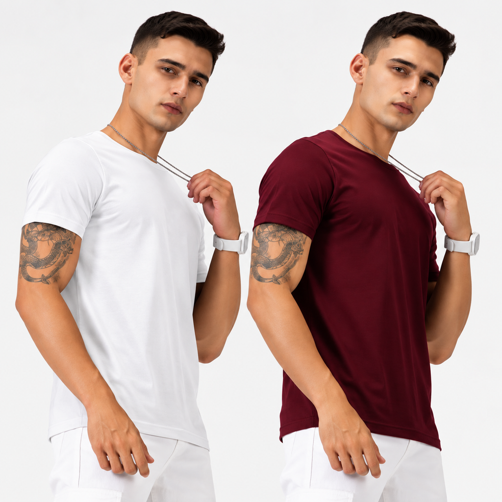 Men's Pack of 2 Round Neck Cotton T-Shirts, White & Burgundy