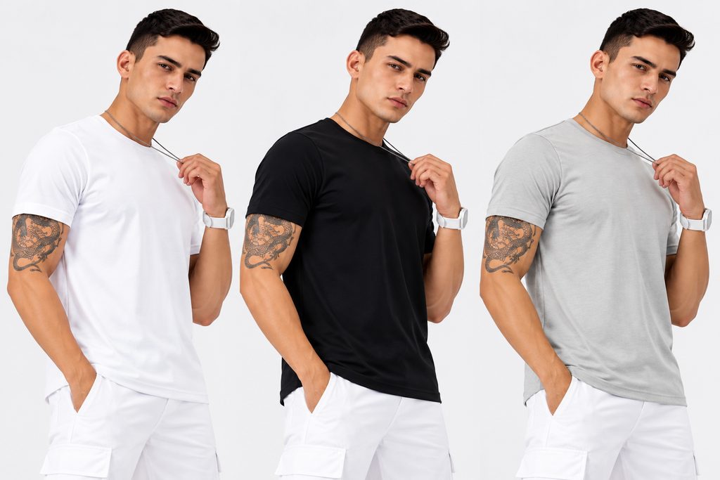Men's Pack of 3 Rount Neck Cotton T-shirt - White, Black & Grey