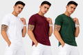 Men's Pack of 3 Rount Neck Cotton T-shirt - White, Burgundy & Green