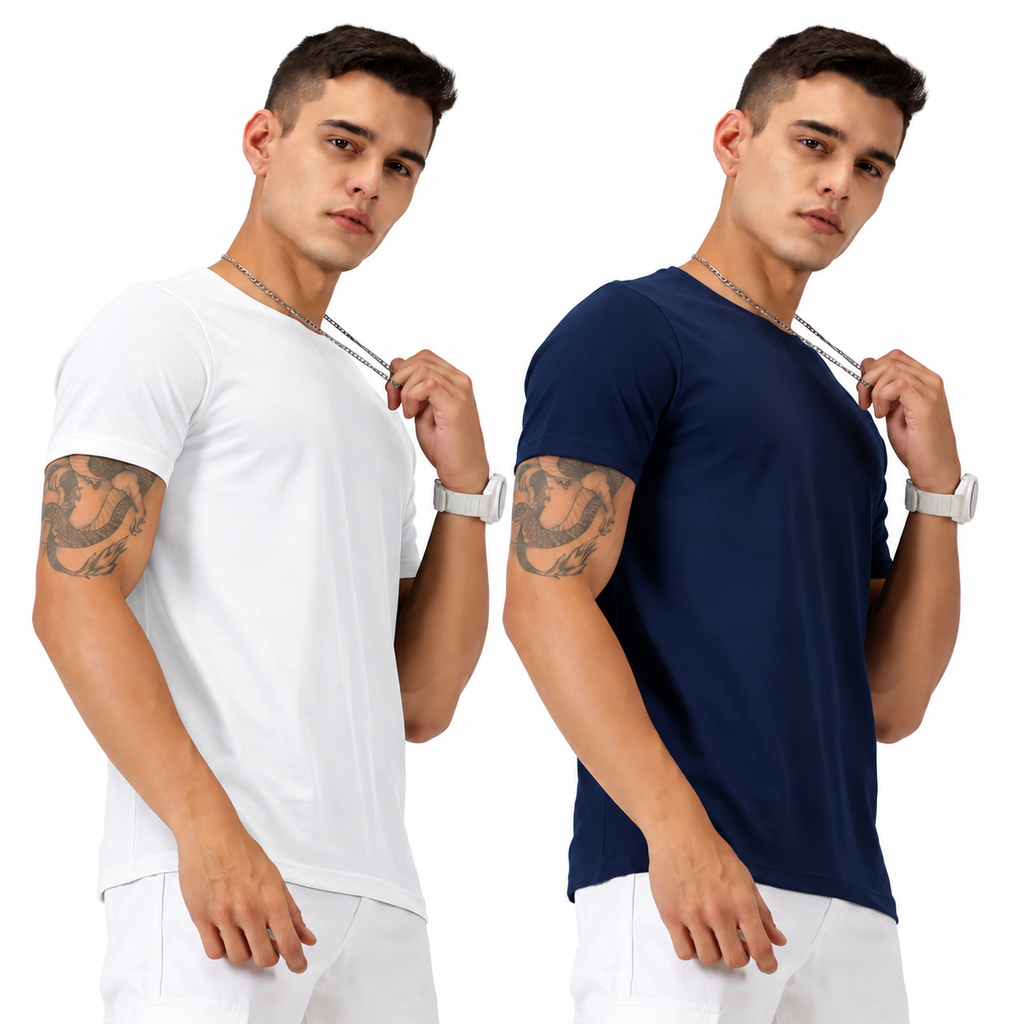 Men's Pack of 2 Round Neck Cotton T-shirts, White & Navy